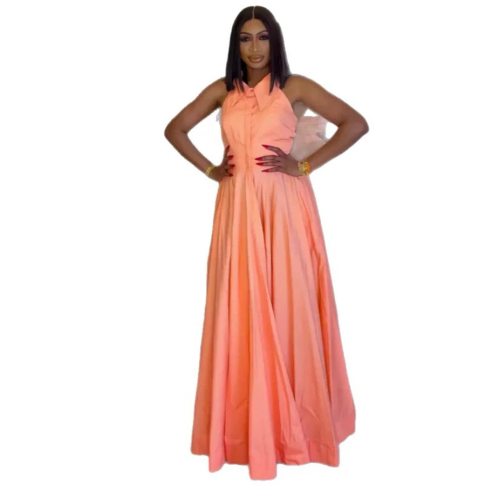 ZARA Womens Pink Plain Sleeveless Lapel Collar Long Dress African Chic - Picture 4 of 6